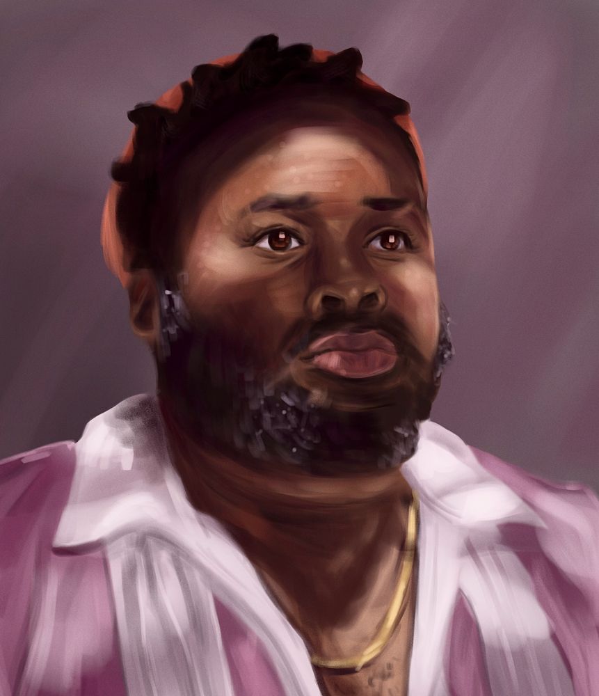Semi realistic digital painting of olu from ofmd, headshot with dappled lighting 