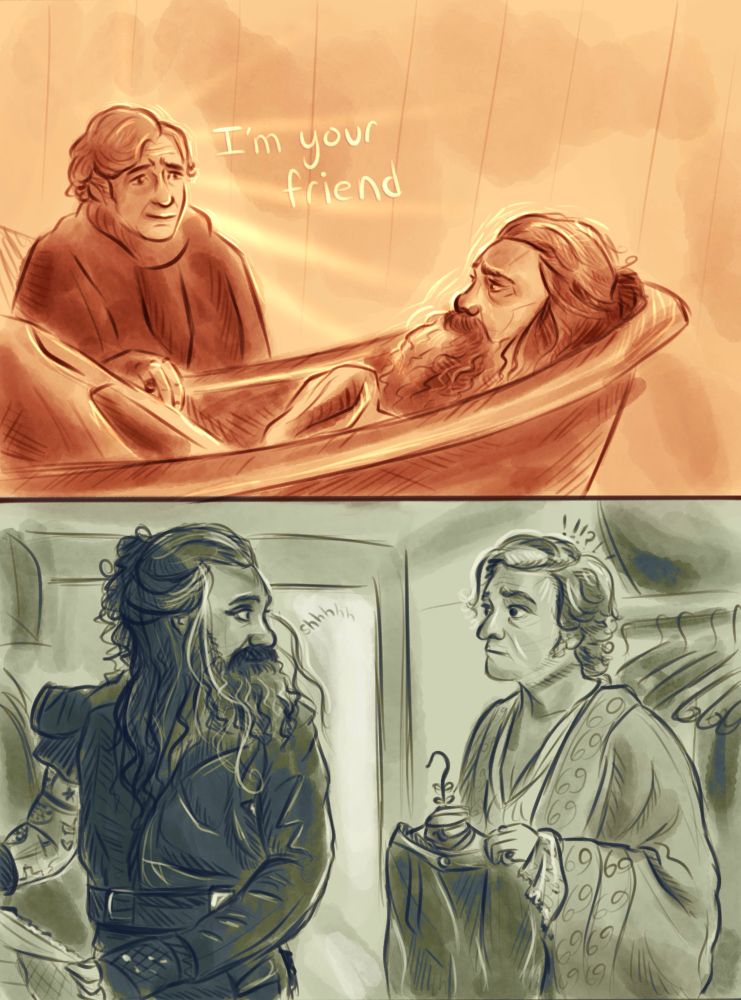 Two digital illustrations of Ed and Stede from season 1 of ofmd, 1- Ed in a bathtub while Stede comforts him, with txt ‘I’m your friend’, yellow/orange colors, 2- Ed and Stede in stedes closet, Ed looking over his shoulder at Stede saying ‘shhh’ while Stede holds his pants on a hanger and looks surprised, muted green colors. 