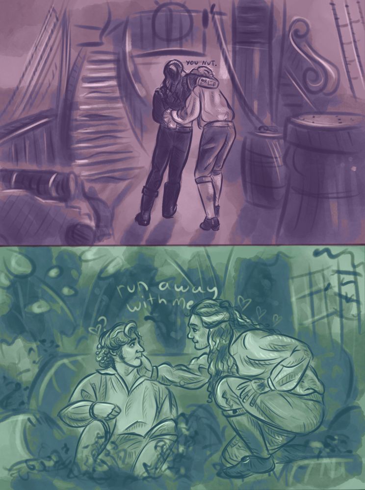 Two digital illustrations of Ed and Stede from season 1 of ofmd, 1- them walking away after Stede stabs Ed, Ed leaning heavily on Stede, text over Stede’s head reads ‘you nut.’ 2- after the kiss in 1.9, Stede sits, looking surprised and Ed crouches next to him, smiling, hand on his cheek, text behind them reads ‘run away with me’, green and blueish colors 