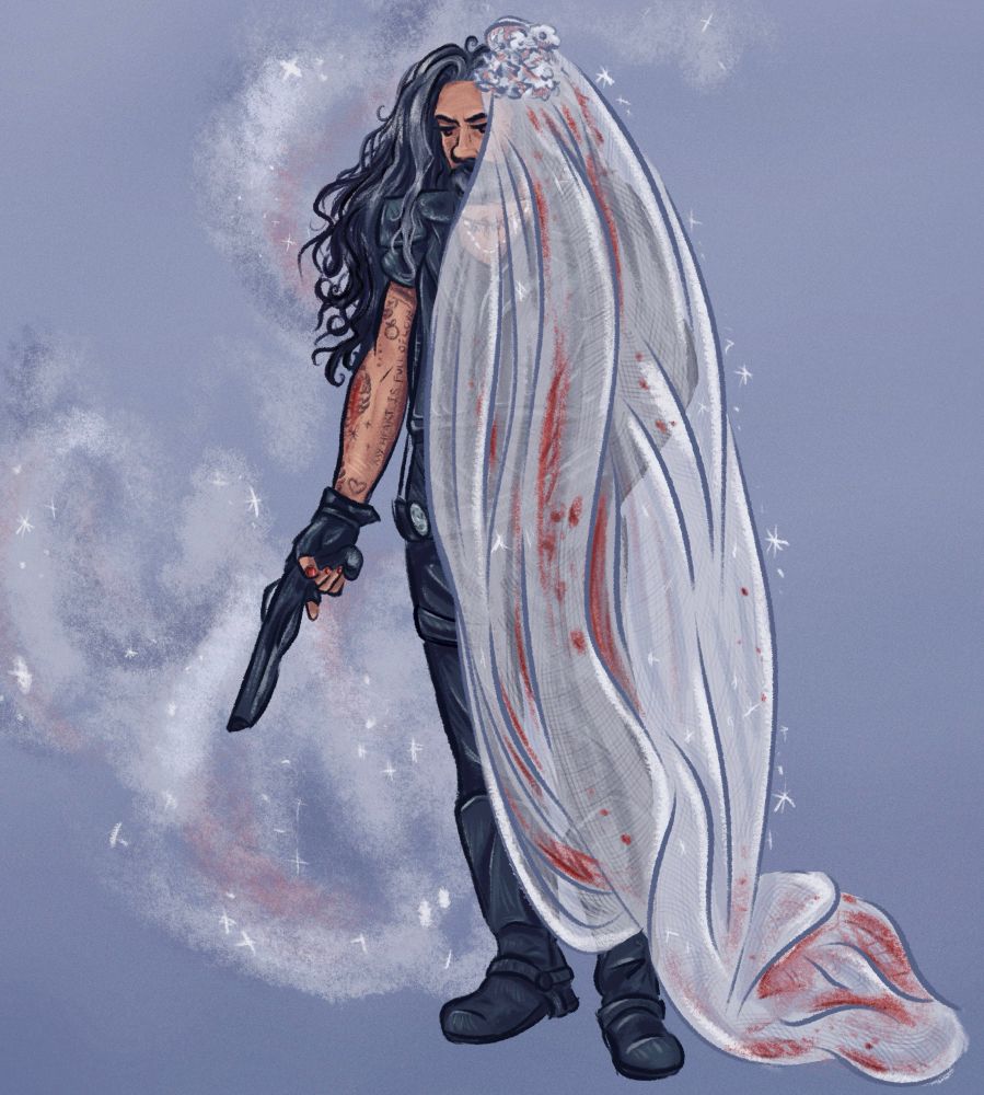 Digital illustration of Ed teach based on the season 2 test photos of Taika wearing a wedding veil. Full body view, he is looking down with an upset expression and is holding a gun. He’s wearing his leathers and the veil covers some of his face and most of his body, and has bloody patches. His hair is fully down and flowing in the opposite direction of the veil, and there is smoke rising up behind him. He has a tattoo on his arm that reads ‘my heart is full of love’ and his fingernails are painted red 