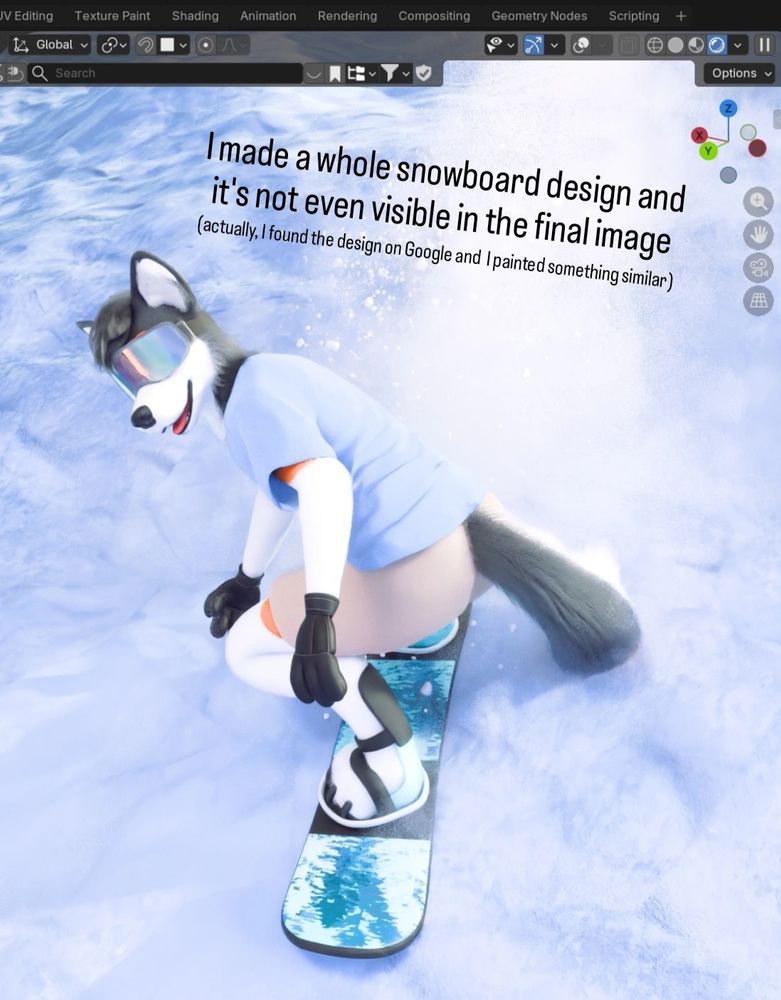 A screenshot from the 3d software, showing another angle with the main focus being the snowboard itself. There's a text on the image jokingly saying: “I made a whole snowboard design and it's not even visible in the final image (actually, I found the design on Google and I painted something similar)”