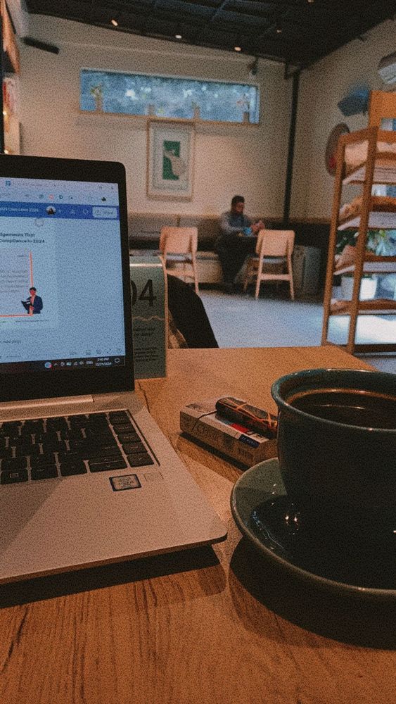 A picture of my work set up at a café. My laptop is open on the left with a cup of coffee on the right. My ciggs and lighter is placed between both and in the far corner is a man with his face unclear.