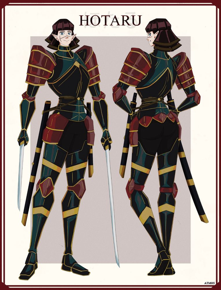 Character design of a woman wearing black, red, and yellow knight armor while holding two katanas.