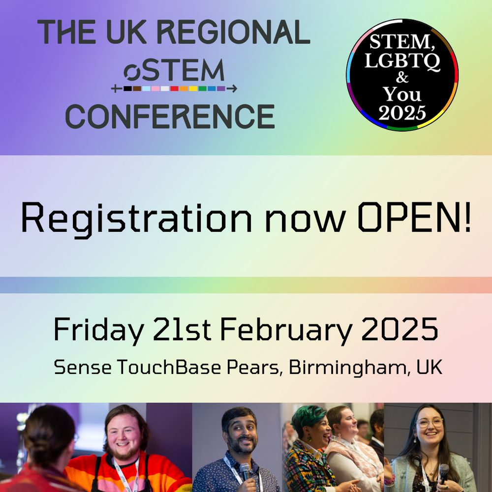 Text on a rainbow background saying “registration now open!”. 

The event will take place on Friday 21st February 2025 at Sense Touch Base Pears in Birmingham, UK.

Pictures of people who have spoken at previous events line the bottom part of the screen.