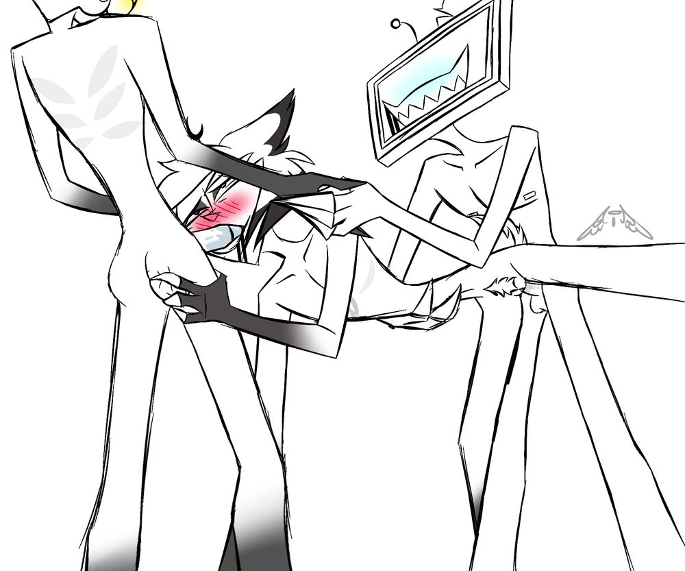 Alastor bent over being penetrated by Vox while licking and sucking on Lucifer's package and kneading his buttocks.