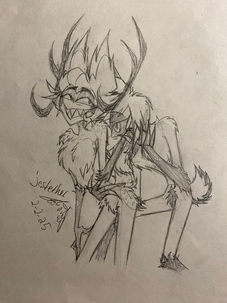 Pencil drawing of doe Lucifer and Alastor.
They are both in the nude with Alastor wrapping one hand around Lucifer's waist while they hold hands. The pose is inspired by a buck with its antlers on either side of its doe.
- Signed by jestether