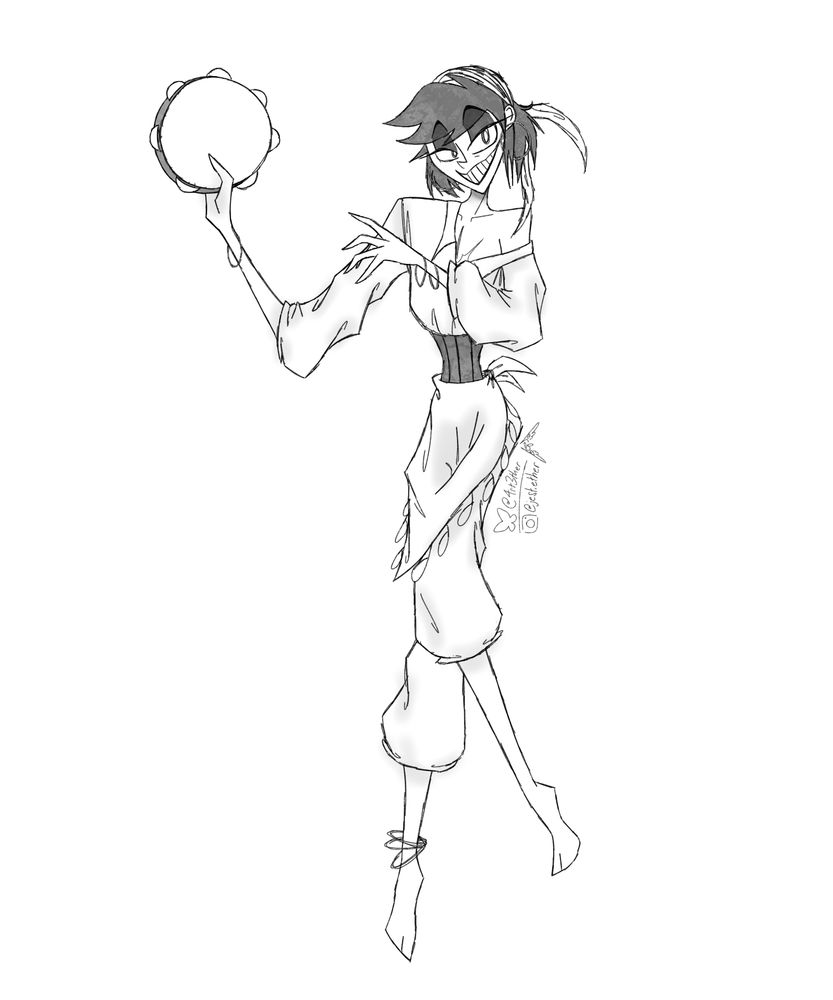 Alastor is similarly dressed as Esmeralda, dancing and playing the tambourine.
@4rt3ther (slash) @jest.ether watermark included