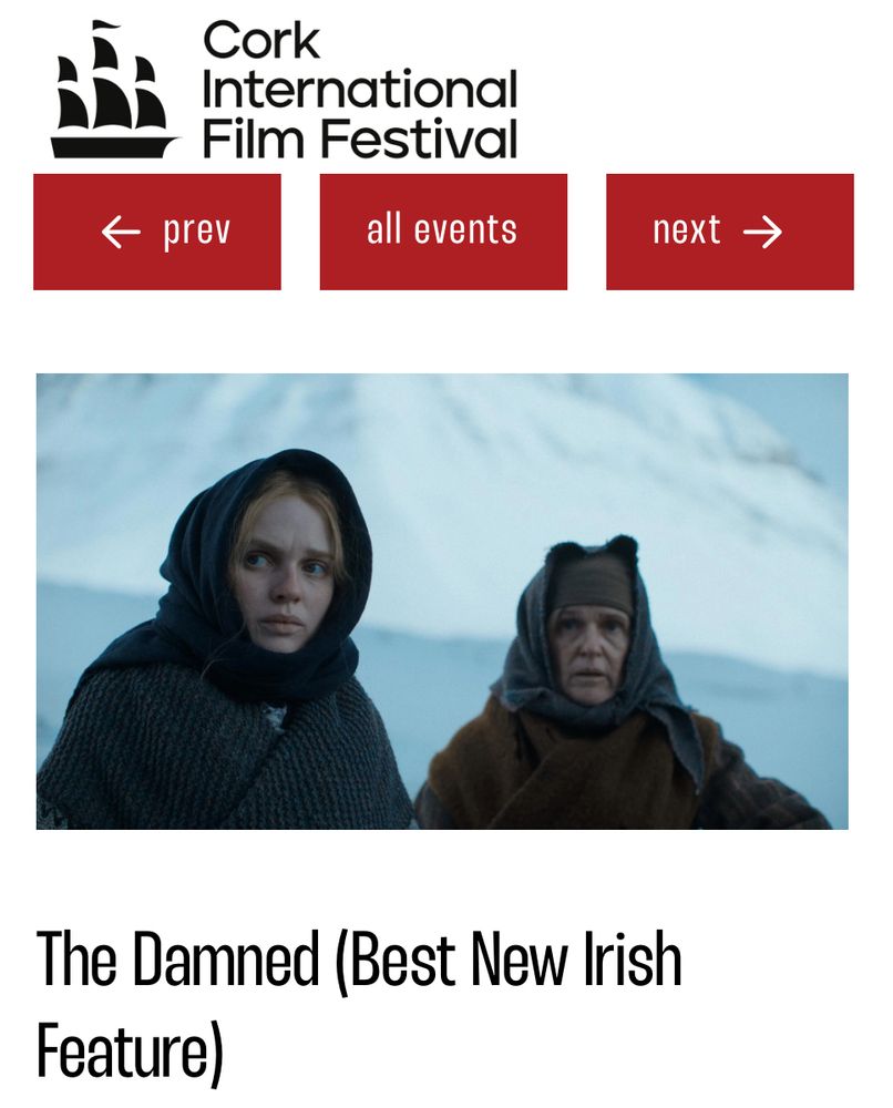 Cork Film Festival page for THE DAMNED with a still of Odessa Young and Siobhan Finneran in character, standing in an icy fjord