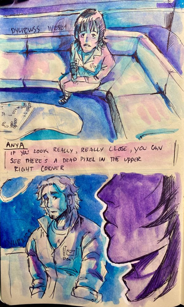 Was playing with angles in this shot. I was gonna do the full scene but might do that in the future. 
I depicted curly’s expression as confusion to the idea of the “dead pixel” since he sees things as “the bigger picture”.