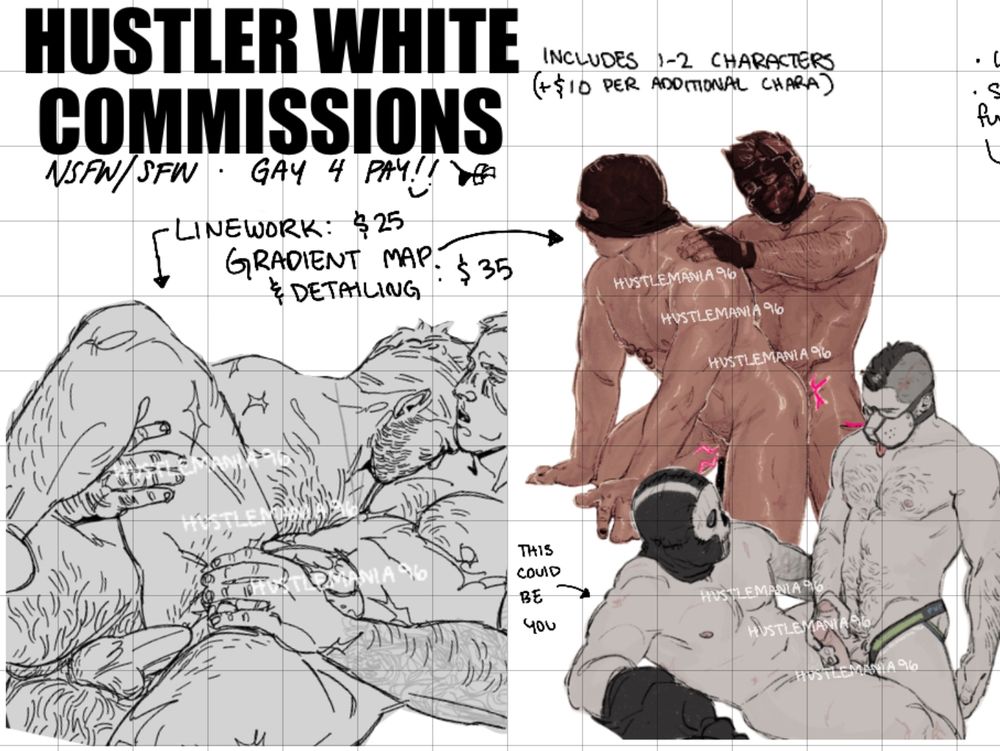 HUSTLER WHITE commissions page: linework $25, gradient map & detailing $35