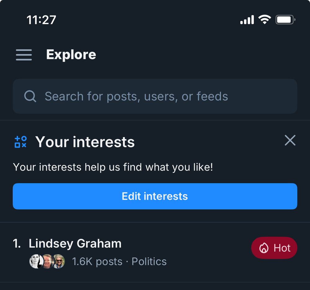 A screenshot of the search screen in Bluesky, with a list of the top trending topics. Lindsey Graham is at #1, with an indicator that says “Hot”. This means that a great number of discussions are mentioning his name. 