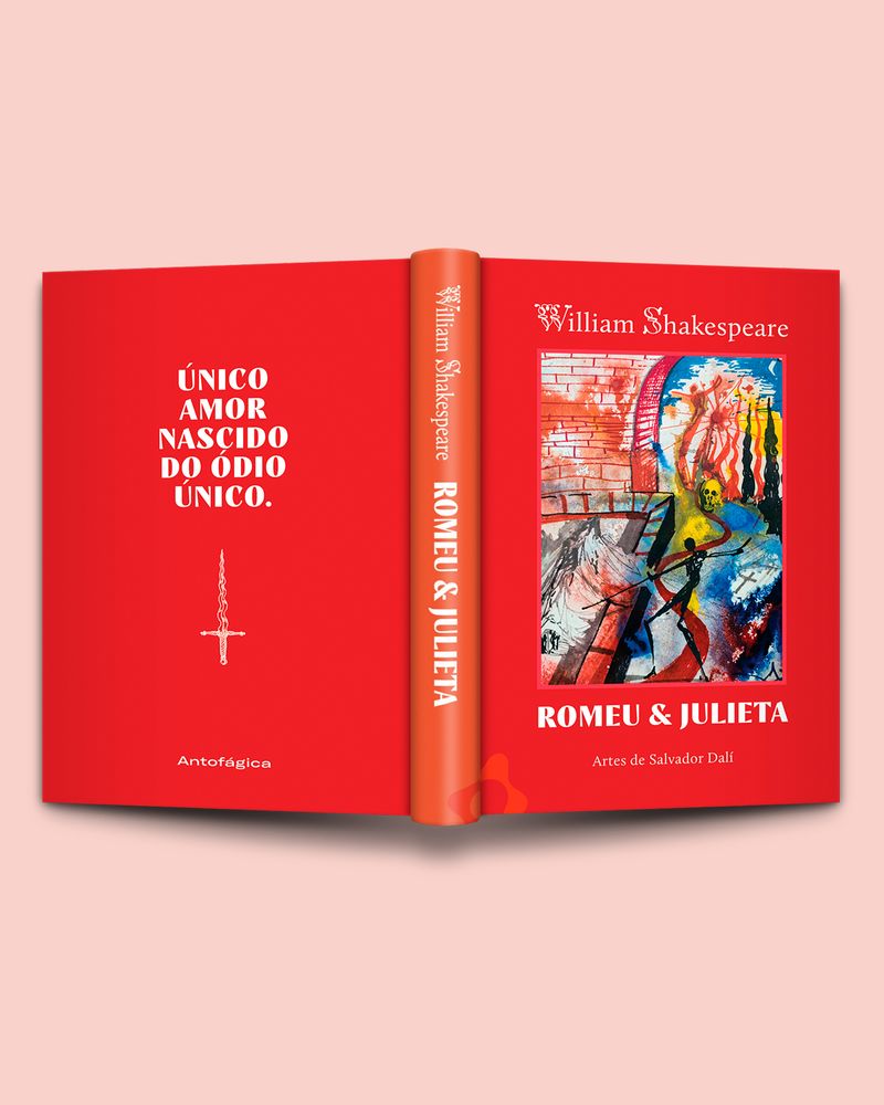 Capa aberta do livro Romeu e Julieta. Capa vermelha, com ilustração colorida de Salvador Dalí. Na contracapa, o texto: único amor nascido do ódio único.
