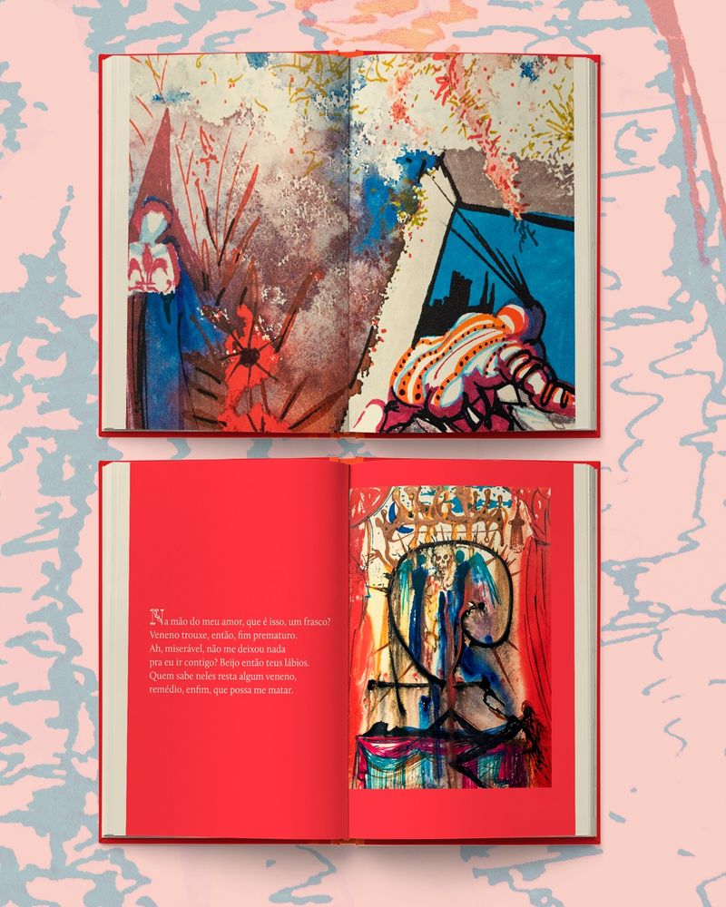Páginas abertas do livro Romeu e Julieta, com ilustrações coloridas de Salvador Dalí.

