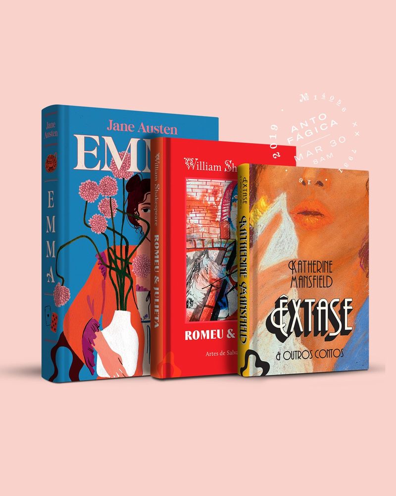 Imagem comparativa de tamanho dos livros da Antofágica; Emma (G), Romeu e Julieta (M) e Extase (P).
