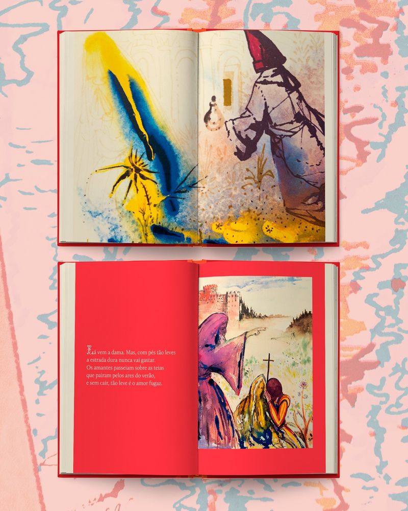 Páginas abertas do livro Romeu e Julieta, com ilustrações coloridas de Salvador Dalí.
