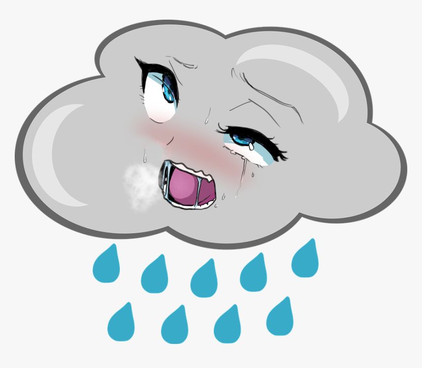 A clip art picture of a rain cloud with an ahegao face crudely plastered over it