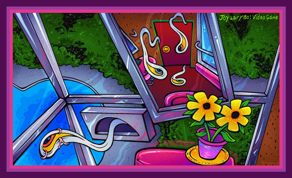 Drawn recreation of a screenshot from Leisure Suit Larry 6. The scene is of a bathroom with see through glass walls. A pool and greenery outside can be seen below the bathroom, as it is many floors above the ground. The perspective shows the bathroom mirror, which give view to a shower, sink, and door behind the viewers perspective. White, serpent like creatures can be seen slipping in from the cracks of the door. 