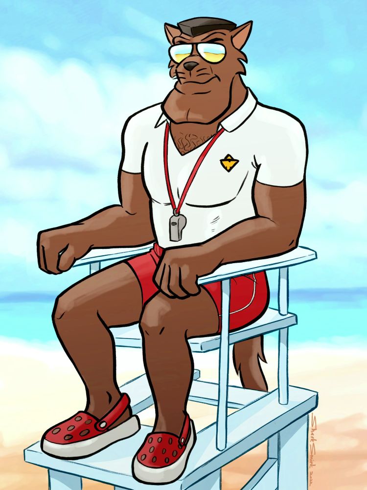 Commander Feral as a lifeguard on the beach