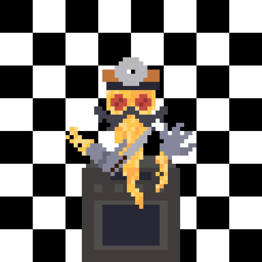 A mustache-having pizza with arms and a knife. Probably doesnt have a doctorate