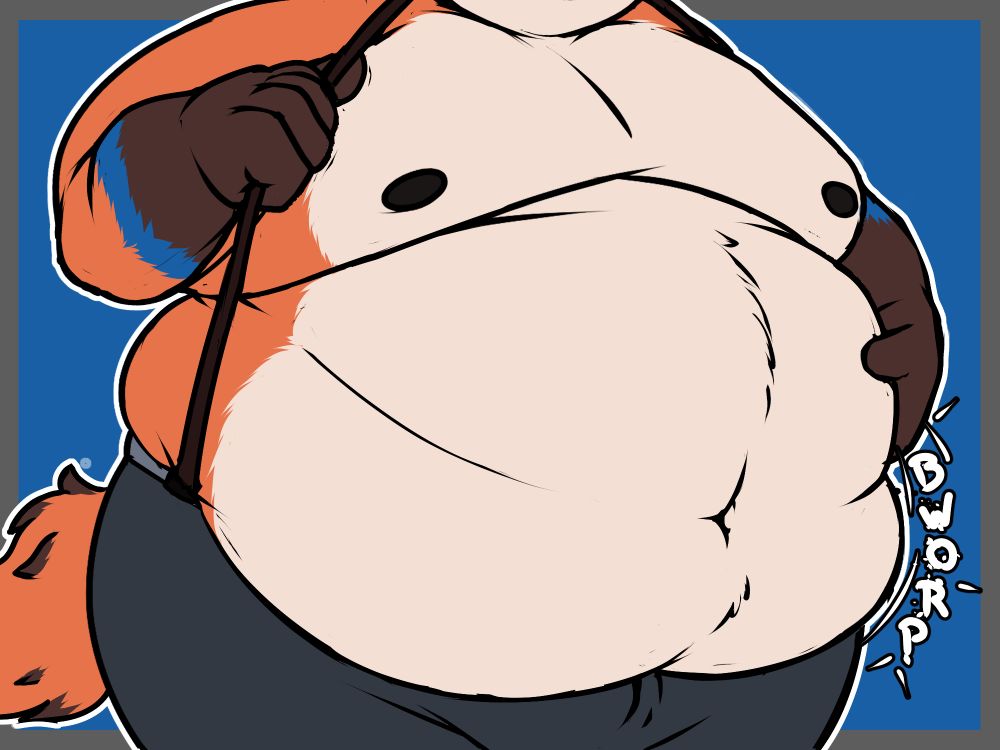 Tec, a fat anthropomorphic foxbear, in grey pants and suspenders, hefting his cream-colored belly up as it growls for food. Art by DrakeBigShep on bluesky.