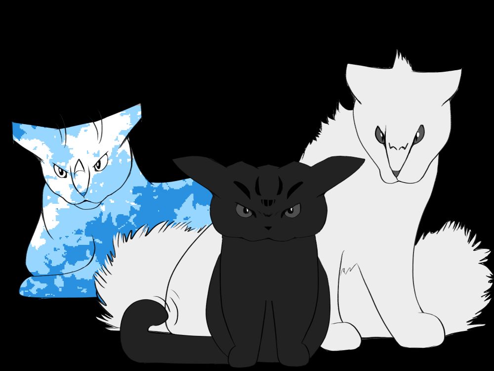 Drawing of three irritated cats with folded back ears replaced with airplane wings.