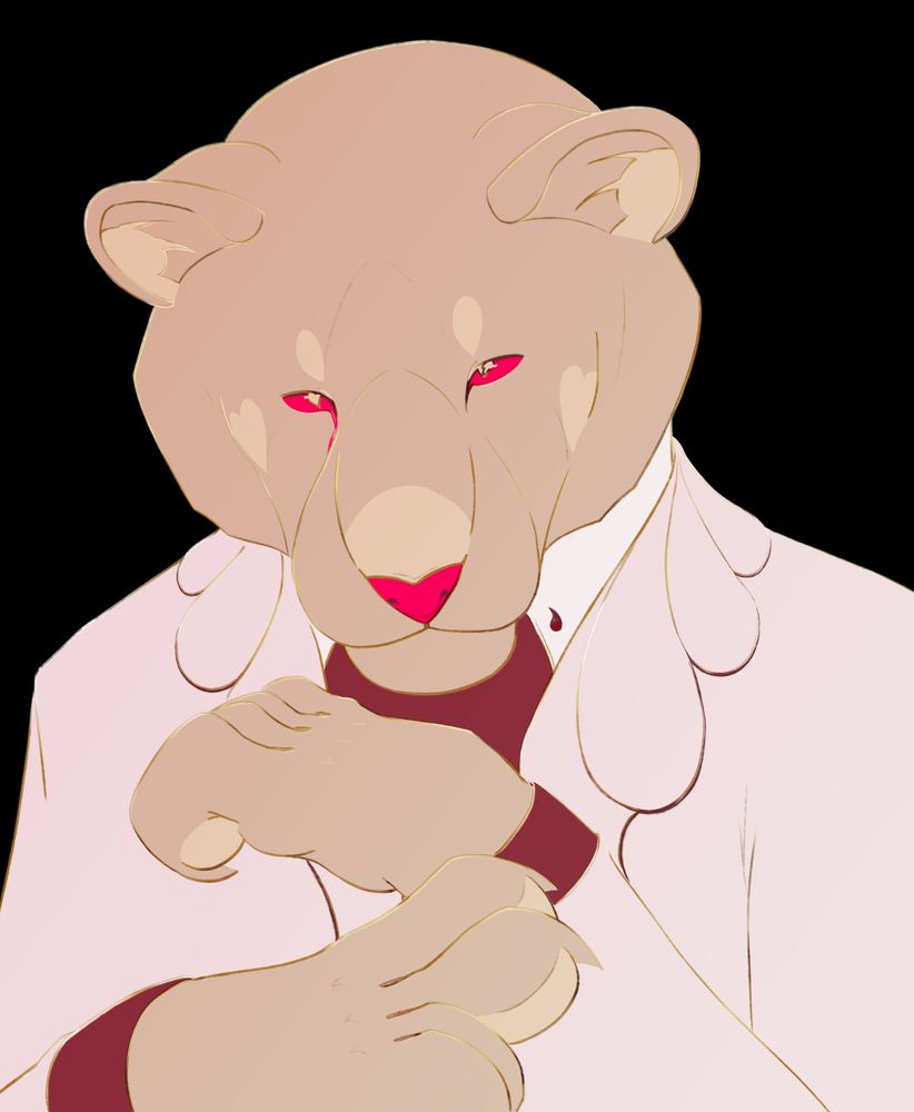 A drawing of an anthropomorphic, cream-coloured tiger in a white suit.