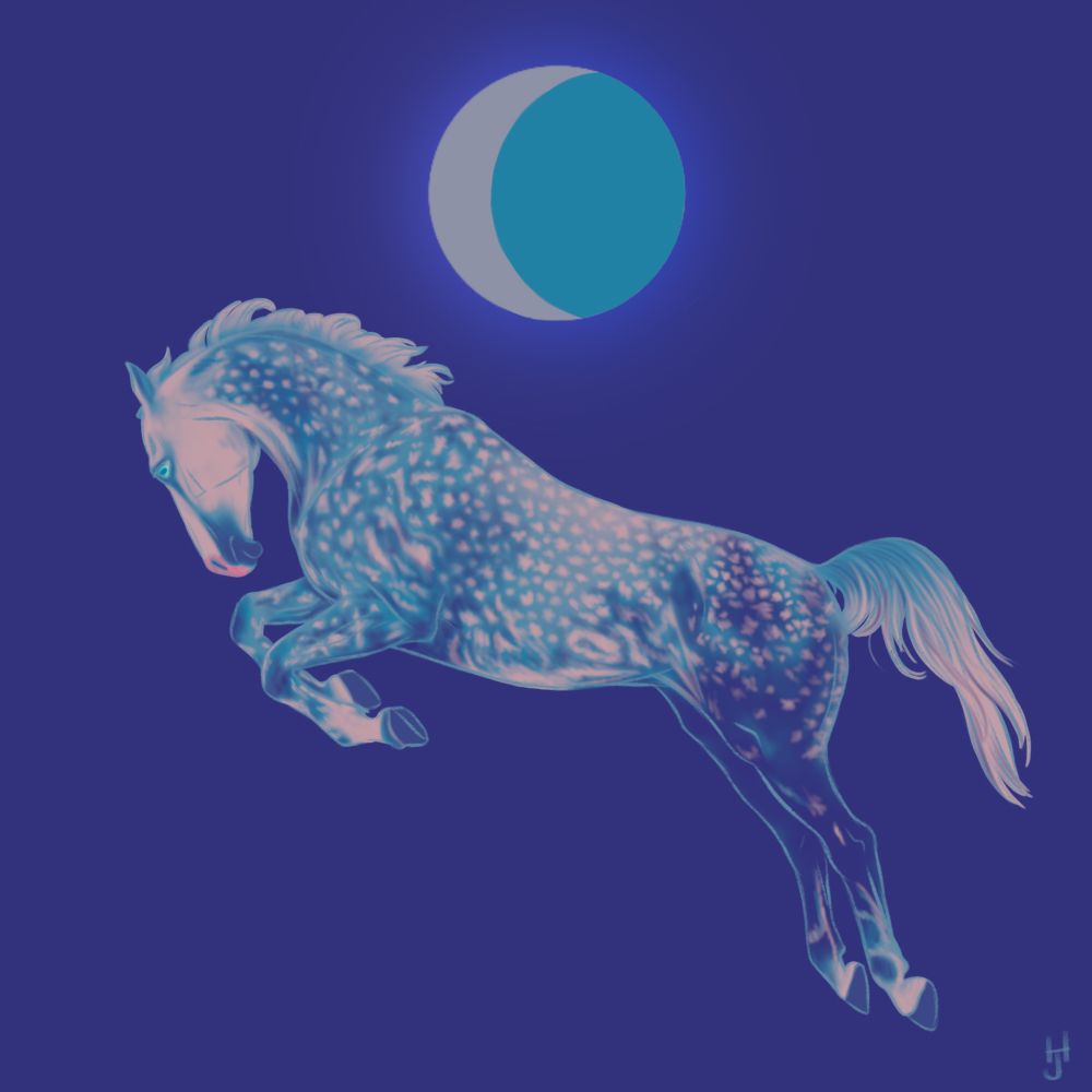 A digital drawing of a dapple grey horse jumping on an indigo background below a blue moon