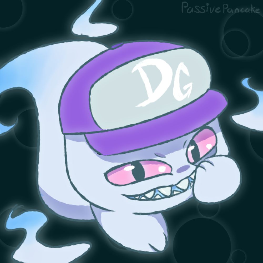 A ghost wearing a purple baseball cap.
