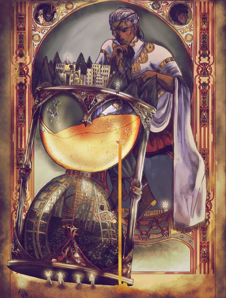 Priscille, a white-haired person wearing a white cape, sits beside a large hourglass that is being tipped over slightly by a few small creatures with stars for heads. On top of the hourglass is a city, which Priscille rests a finger on pensively. Inside the hourglass are multiple warped-looking bell towers in a field of red poppies.