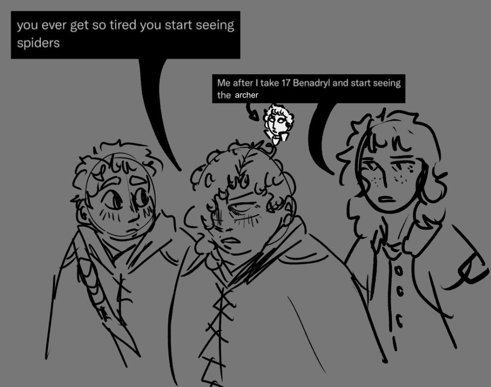 ísja, num, and lani from the webcomic "where the heart is" are walking. num says "you ever get so tired you start seeing spiders". lani replies, "me after i take 17 benadryl and start seeing the archer"