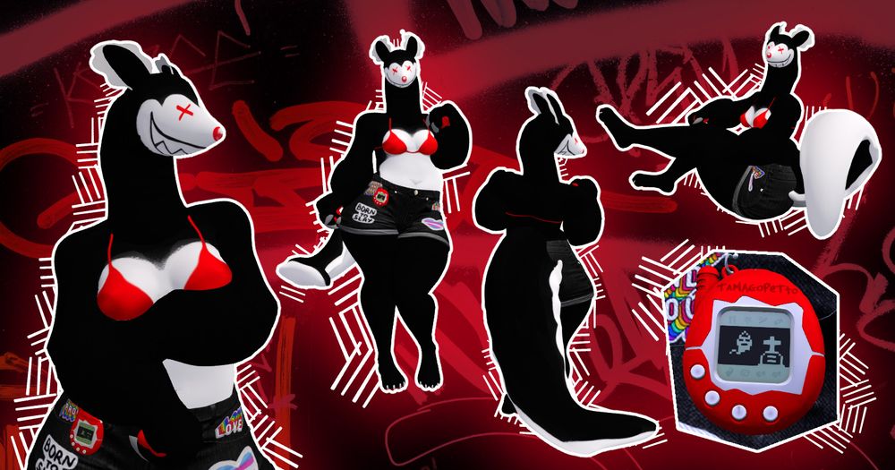 showcase of an anthro second life avatar. the character is mostly black, white, and red, and is shown in multiple poses and angles.