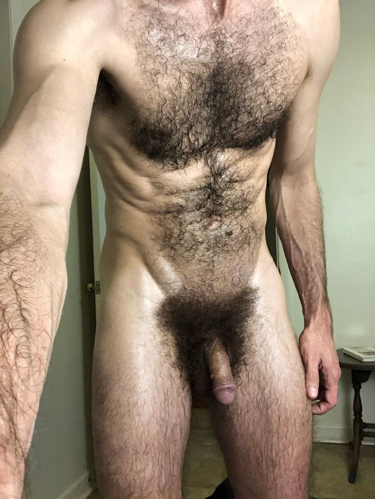Henry stands before the camera in the nude, the image cropped from his neck to knees. His hairy body glistens with sweat as he reaches towards the viewer with one hand, drawing the focus towards his massive pubes, soft dick, and hair muscled chest 