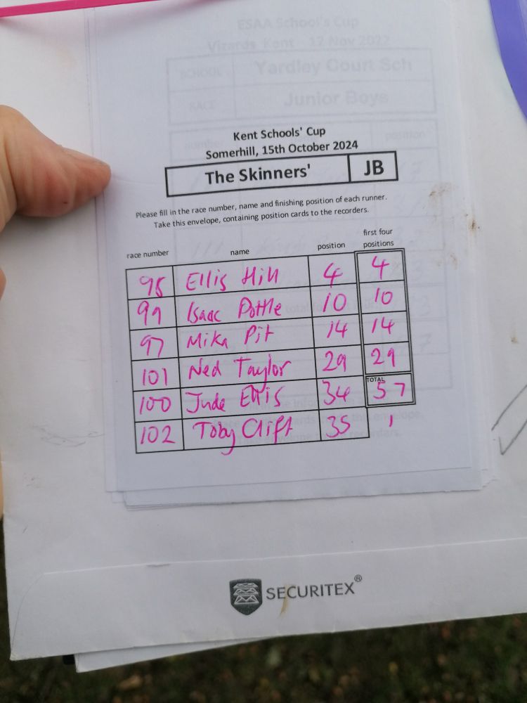 Results envelope for The Skinners' School Junior Boys' Team. 4,19,14,29,34,35  57 points in 4 to score