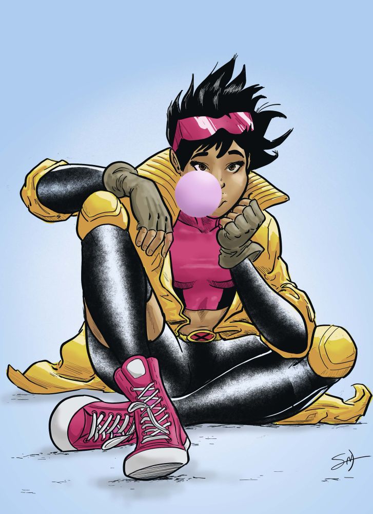 Full color drawing of MARVEL COMICS’ character, Jubilee, of the X-Men, sitting on the floor in a casual cross-legged position blowing a bubble. Drawn by Scotti Mann