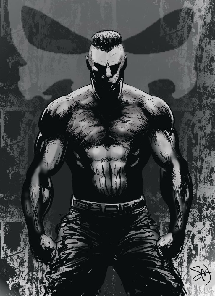 Redrawing of black and white Punisher by Scotti Mann