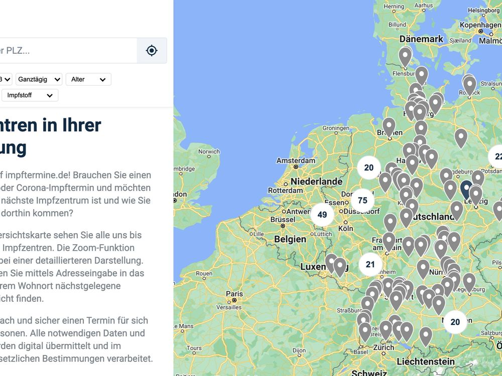 Wir sehen einen Screenshot der Webseite. Link kann man über das Menü seine Adresse und den bevorzugten impfstoff angeben. rechts erscheinen auf einer Karte die Standorte der impfenden Praxen und Apotheken.