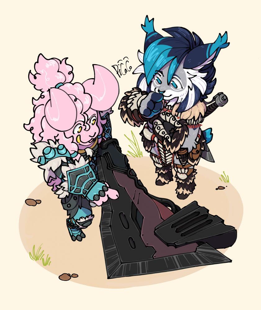A drawing of two bipedal figures clad in armour, one a fluffy pink demon, and one a grey and blue lynx. The pink demon is holding a giant sword larger than it and pointing to part of the blade, with a whetstone tucked in their hand. The lynx is standing there looking at the blade, pondering.