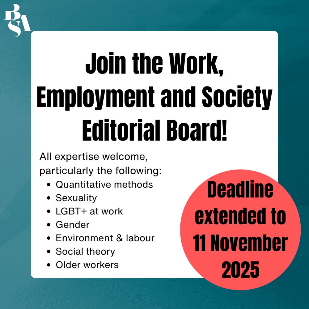 Image text says: Don’t miss your chance to apply for the WES Editorial Board. Applications close tomorrow!

We are looking for experts in quantitative methods, sexuality at work, gender, and more. 

Submit your application now.
https://www.mi-nomination.com/britsoc