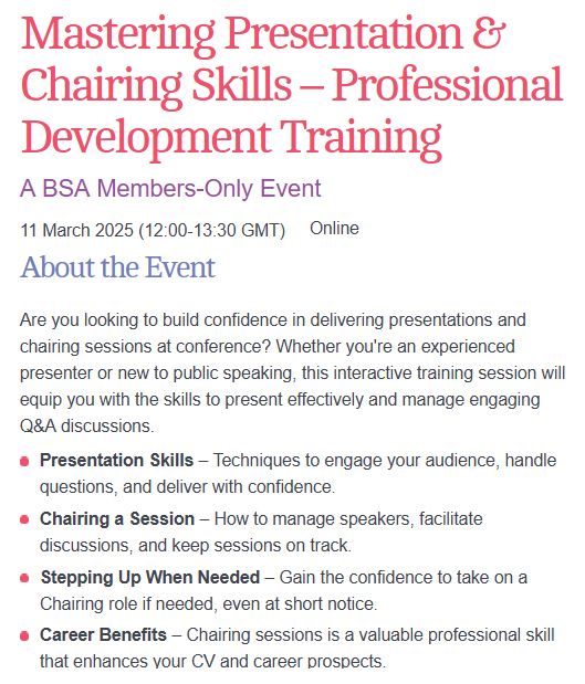 Are you looking to build confidence in delivering presentations and chairing sessions at conference? Book now for ‘Mastering Presentation & Chairing Skills – Professional Development Training’, a free BSA Members-Only event, 11 March, online  https://tinyurl.com/3kff6d4h  #sociology