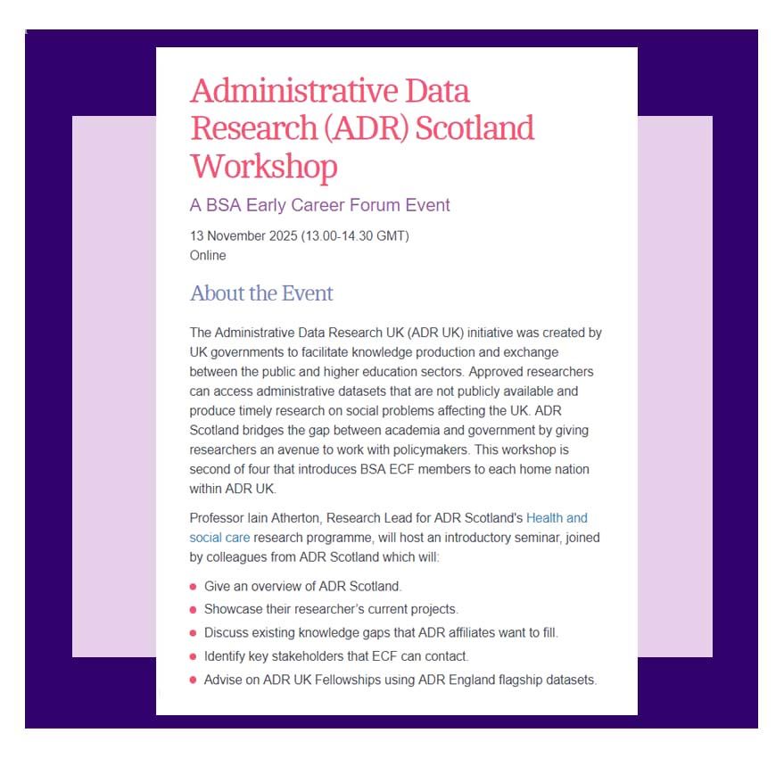 Image text says: Early Career Researchers – get connected with the Administrative Data Research initiative, giving access to administrative datasets not publicly available for research on social problems affecting Scotland 

Book now for our @bsaecr.bsky.social workshop, 13 November, online tinyurl.com/3rfrxw44