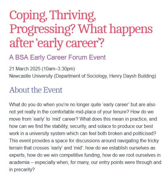 What happens after early career? Find out by booking on our event ‘Coping, Thriving, Progressing?’, a @bsaecr.bsky.social event, 21 March,  Newcastle University https://tinyurl.com/ykj8tjdh  #sociology 