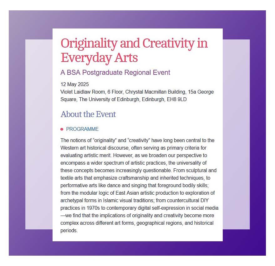 Interested in sociological debates about artistic production and creativity in contemporary society? Book now for ‘Originality and Creativity in Everyday Arts’, a BSA Postgraduate event, 12 May, Edinburgh  https://tinyurl.com/tjjcmzca  #sociology