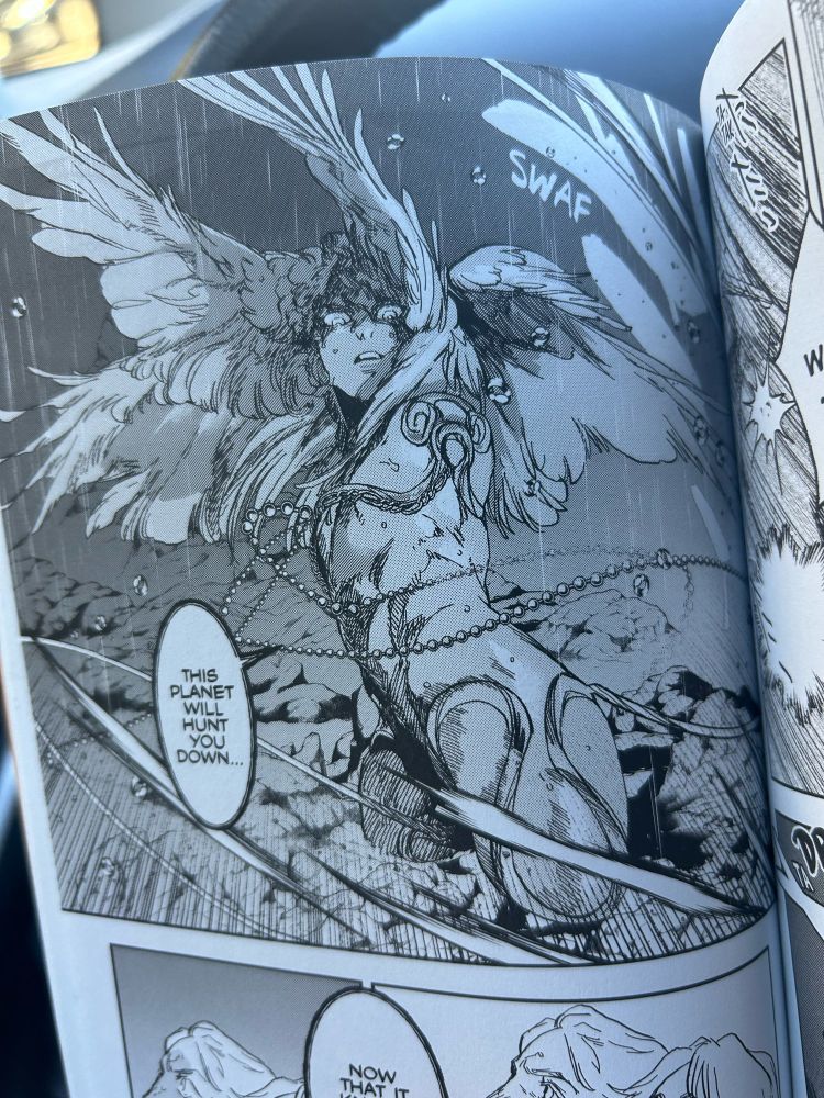Black and white manga panel of winged humanoid monster