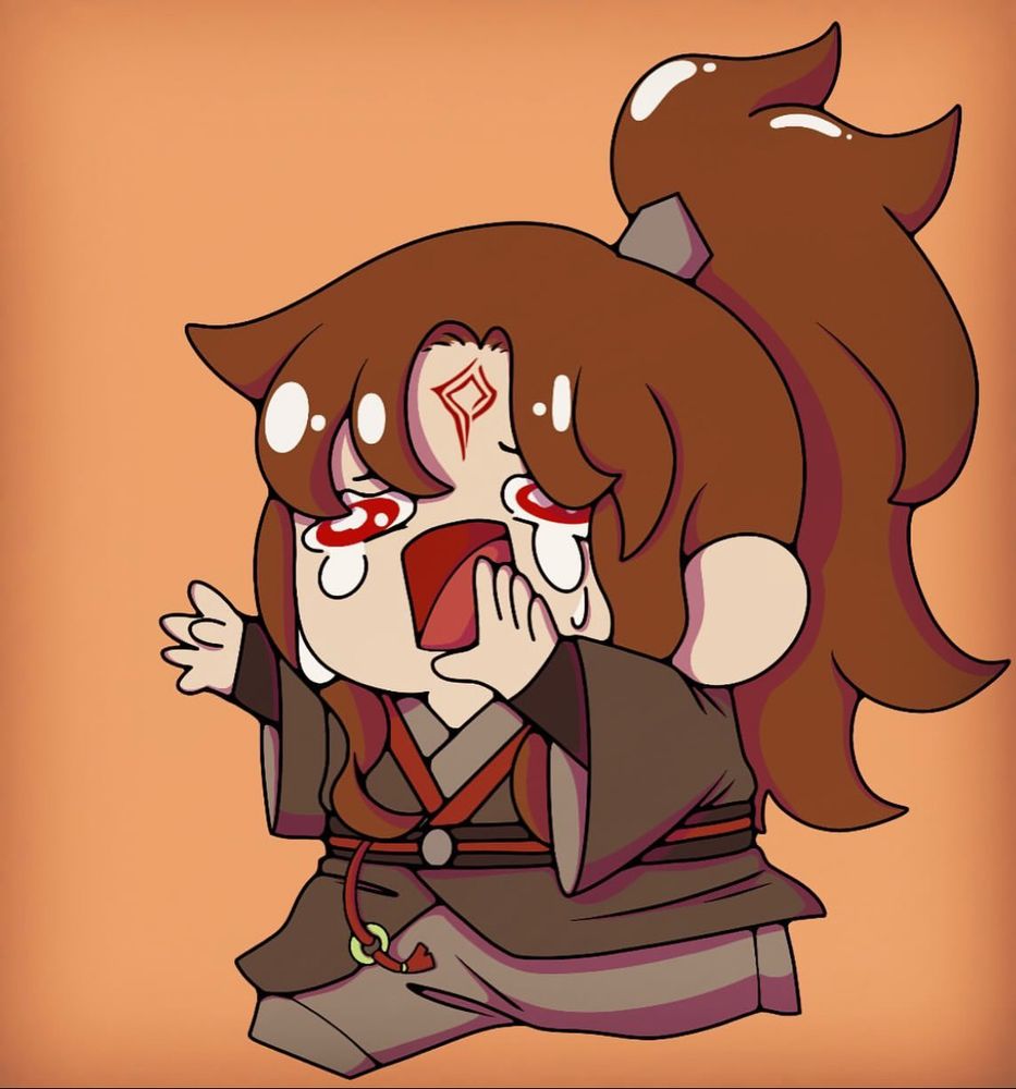 A chibi digital illustration of Luo Binghe from Scum Villain Self Saving System. He is running and crying, most likely for his husband and Shizun Shen Qingqiu.