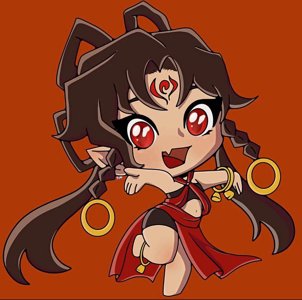 A digital art piece of Sha Hualing from the Danmei novel Scum Villain Self Saving System. Sha Hualing is in chibi form with gold bells and bangles along with a red and black outfit 