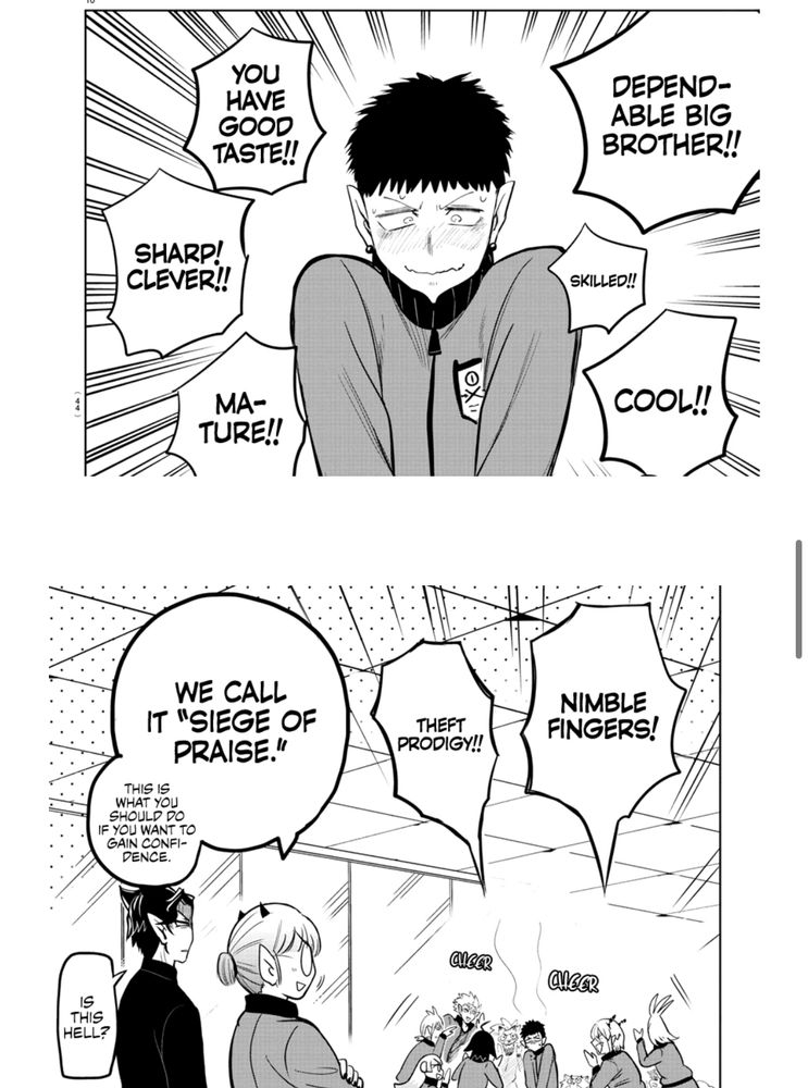 Black and white manga page from Welcom to Demon School Iruma-Kun chapter 161 where the students participate in a “siege of praise“ and compliment the daylights out of each other.