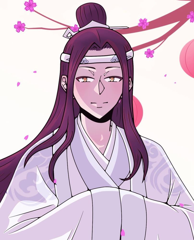 Digital art of Lan Wangji from the series Grandmaster of Demonic Cultivation. Here he is seen gently smiling with the wind blowing and blossom petals falling 