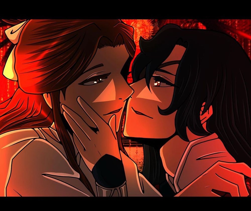 Digital illustration of Hua Cheng and Xie Lian from Heaven Officials Blessing. The two are embracing each other tenderly in a moment before a kiss.