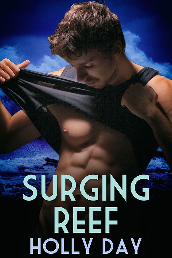 romance novella cover with stormy blue-black ocean background behind a young man with brown hair pulling his shirt up to show impressive abs