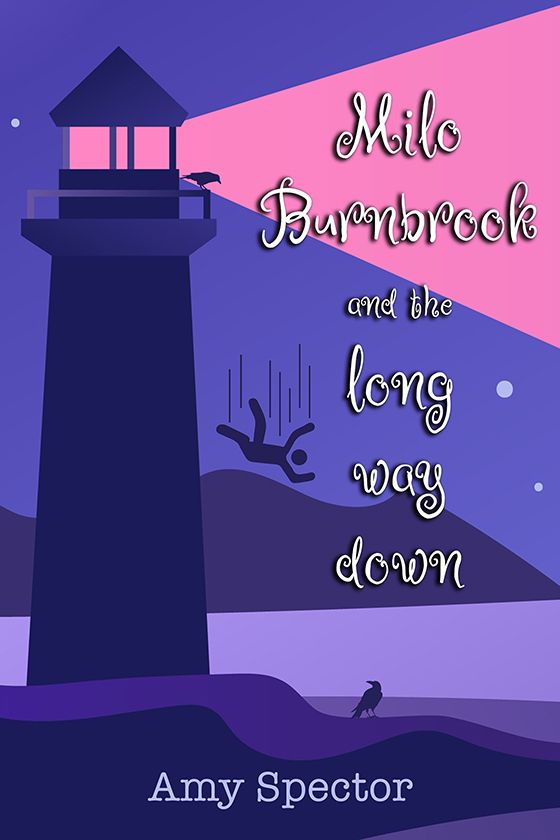 stylized illustrated book cover in blues and purples, showing a lighthouse and a man falling from the tower, with a bird looking on
